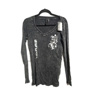 NWT Central Park Black Floral V-Neck Gothic Faded Long Sleeve Top Womans‎ Sz 2XL